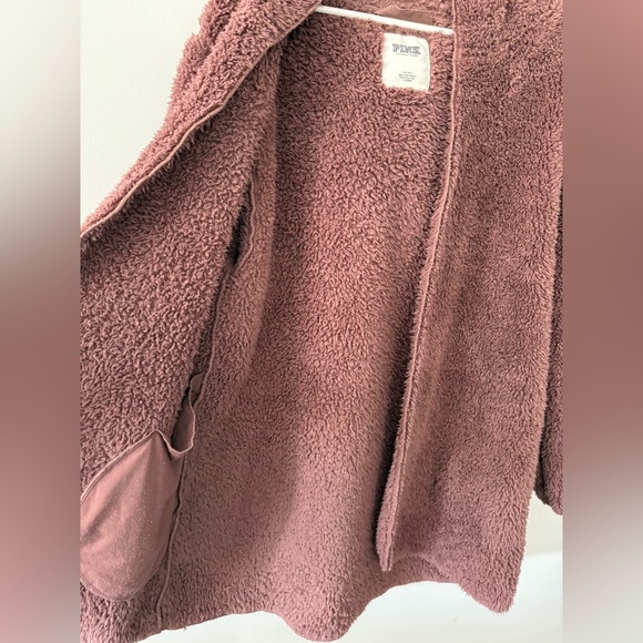 PINK Hooded Teddy Jacket Cardigan Sweater Fuzzy Sherpa Mauve Purple Size M L - Picture 3 of 8